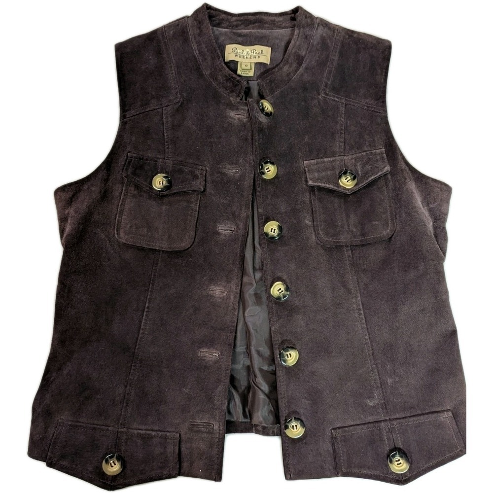 Peck & Peck Weekend Brown Suede Leather Vest Jacket Cargo Utility Size 10